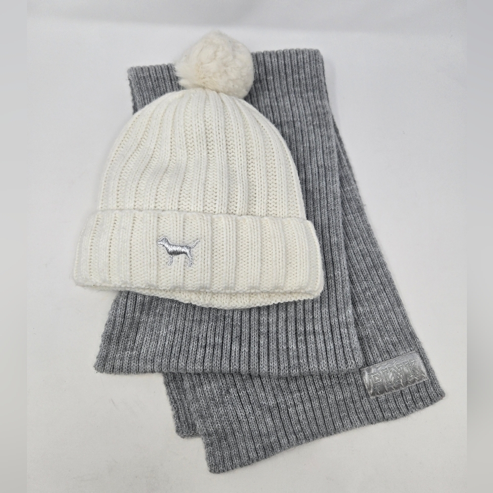 VICTORIA'S SECRET PINK WINTER BUNDLE GREY RIBBED SCARF CREAM POM BEANIE WOMEN OS
